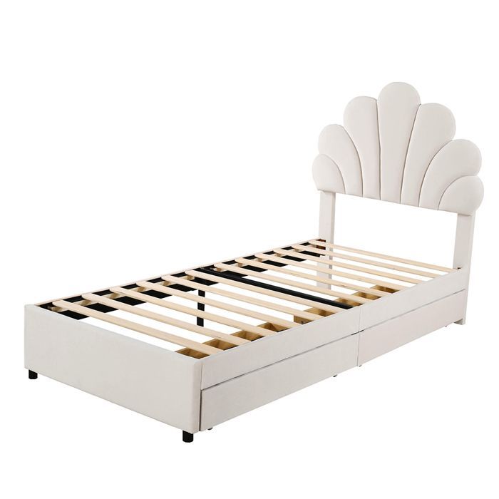 Cama infantil de 90x200 cm. Cama individual con 2 compartimentos de almacenamiento. Cama de invitados de terciopelo beige.