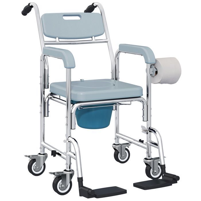 Silla inodoro para adultos - HOMCOM - con ruedas - reposapiés, respaldo y reposabrazos - aluminio y plástico - 53x97x97cm - gris