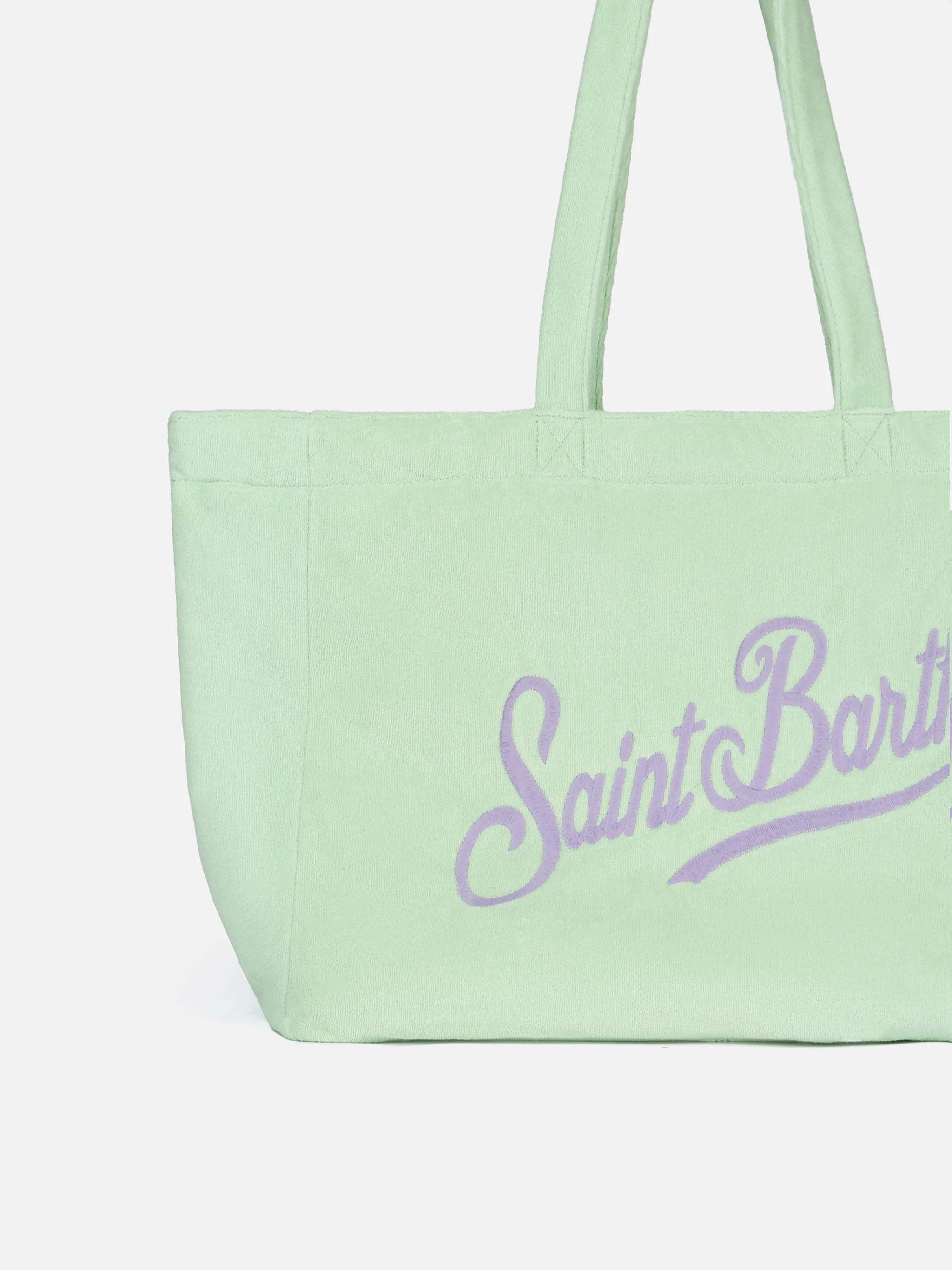 Dubbelzijdige strandtas | Watergroene badstof en lila geruite katoenen print | Logo-borduurwerk | Verborgen vak | MC2 Saint Barth