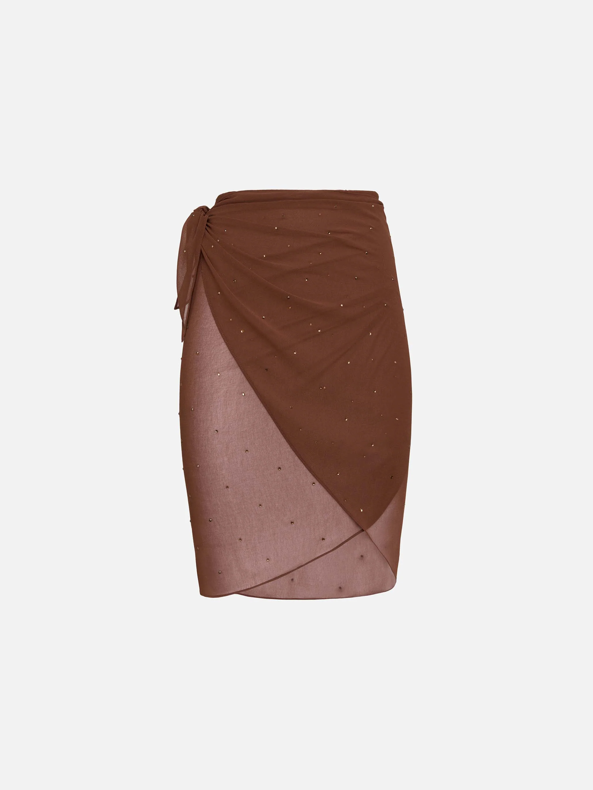 Zeer korte pareo van bruine georgette met strassversieringen.