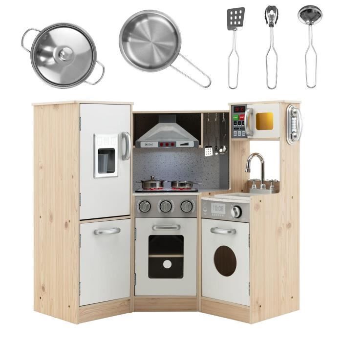 Cocina infantil de madera DREAMADE con horno, microondas, lavadora, máquina de hielo, sonidos y luces.