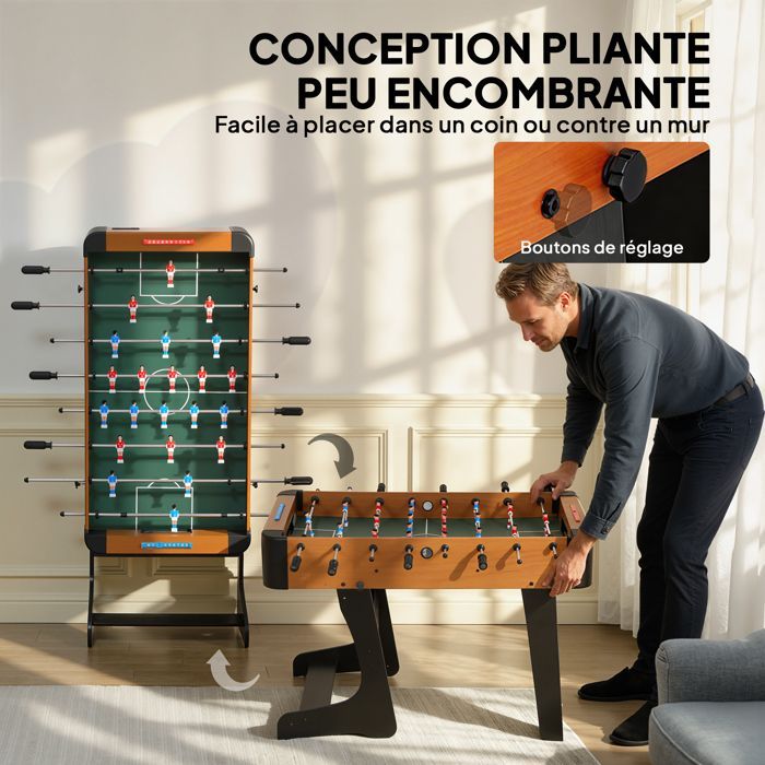 Baby-foot pliable en bois table de babyfoot pliable sur pied avec 2 balles 22 joueurs, 118 x 107,5 x 78 cm, marron