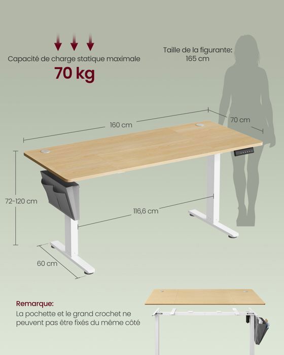 Escritorio eléctrico regulable en altura, 160 x 70 cm, mesa para trabajar sentado o de pie, función de memoria con 4 ajustes de altura, roble dorado.