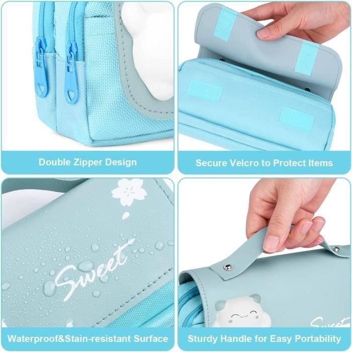 School Pencil Case with Handle, Portable Pencil Bag for Girls and Boys, Double Layer Pencil Bag, School Pouch (Blue)
