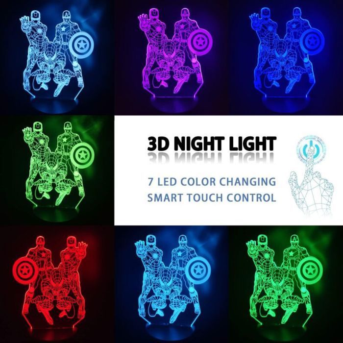 Veilleuse LED 3D enfants - PZCC - Spiderman - Iron Man - Captain America - Changement de couleur - USB ou piles AA