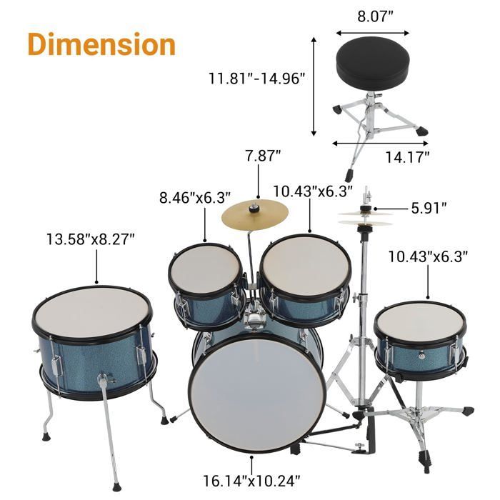 Batería completa de 5 piezas - LUNSY - Bombo - Caja - 2 toms - Tom de piso - Hi-hat - Platillos