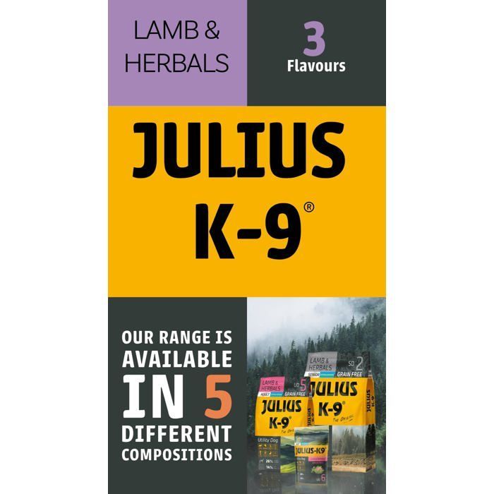 Julius K9 - Agnello ed Erbe Aromatiche per Cuccioli 3 kg - Crocchette ipoallergeniche e senza cereali con agnello - Per cuccioli e cani giovani