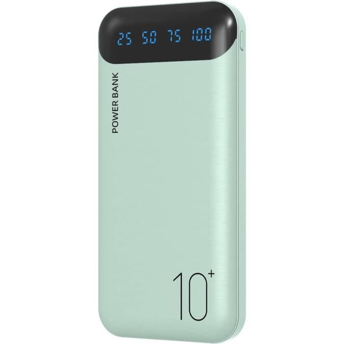 Batería externa de 10000 mAh con puerto USB tipo C, entrada micro-USB y salida USB-A, color verde.