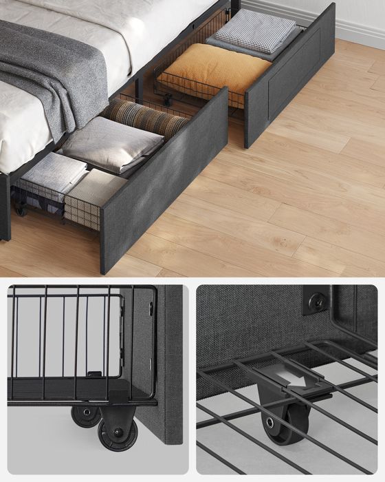 Cadre de Lit, Lit Coffre 160 x 200 cm, avec LED, 4 Tiroirs, Multiprise, Tête de Lit Rembourrée Ajustable, Gris Ardoise et Noir Mat