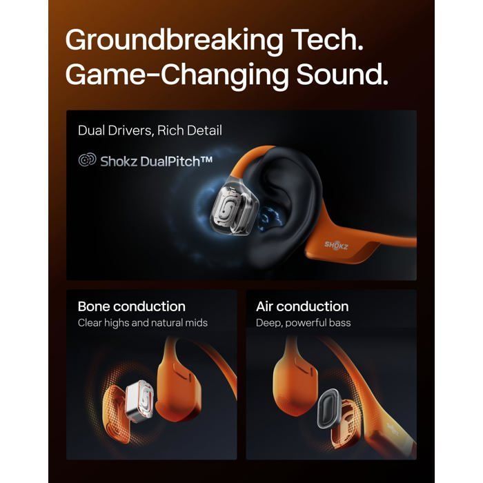 Auriculares de conducción ósea Openrun Pro 2 Mini, Bluetooth 5.3, micrófono con cancelación de ruido, resistencia al agua IP55, 12 horas de autonomía, USB-C, color naranja.