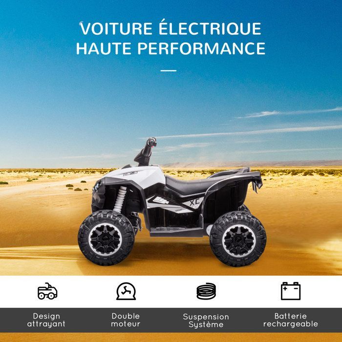 Elektrische quad - HOMCOM - kinderquad 12V 2 motoren 2 snelheden 3-6 km/u LED-koplampen claxon - PP - wit