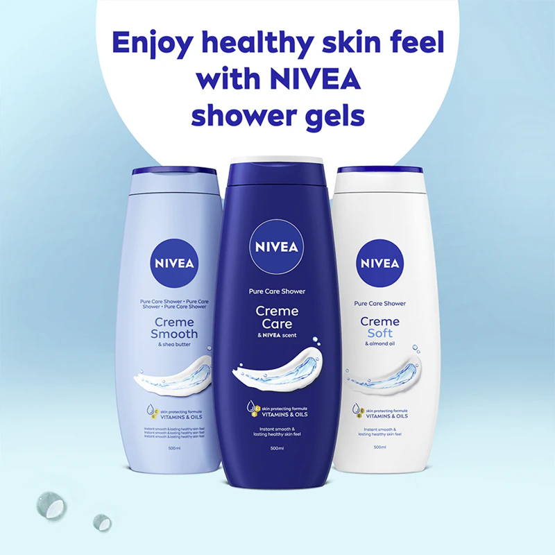 Gel de banho cremoso NIVEA Creme Care, embalagem prática com 2 x 500 ml