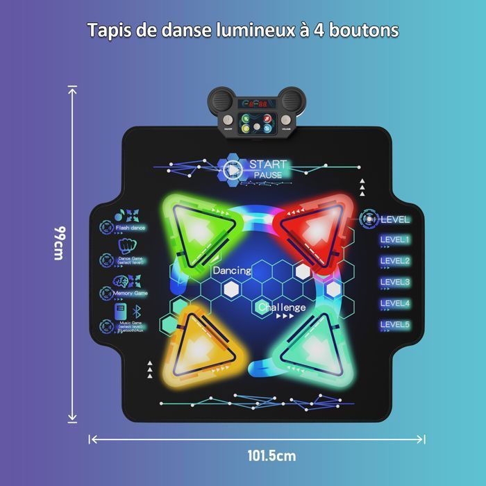 Alfombra de baile infantil, 4 flechas de luz LED, alfombrilla de baile musical con Bluetooth, 4 modos de juego, regalo para niños.
