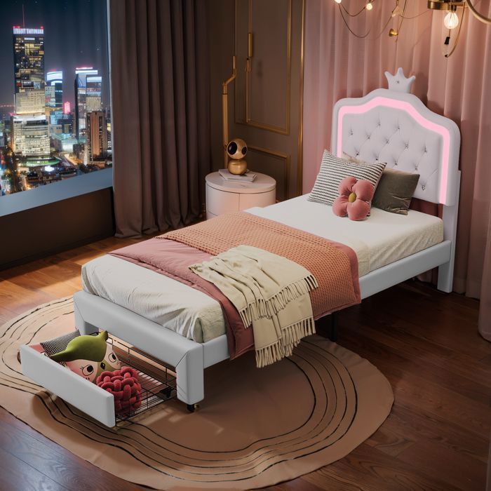 Lit Enfant 90 x 200 cm avec tiroirs - Cadre de lit avec tête de lit réglable - LED - Lit simple filles avec Sommier - en cuir PU