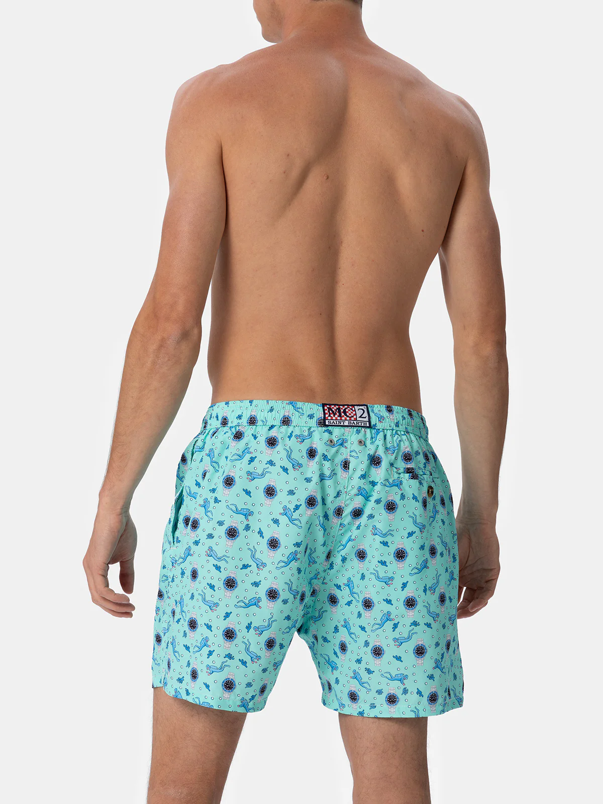 Man Lighting Swim Shorts With Watches Print, Quick-Drying, Adjustable Waistband, And Side Pockets. Classic Fit. MC2 Saint Barth.