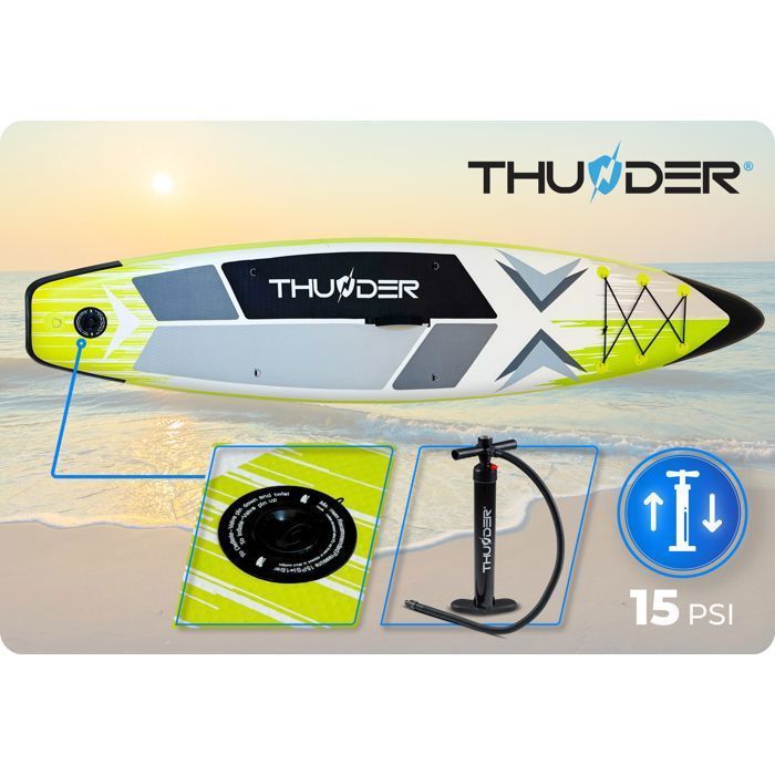 THUNDER® Stand Up Paddleboard gonfiabile per touring | Accessorio completo | 320 cm | PVC | Stile VELA | Giallo Bianco Nero