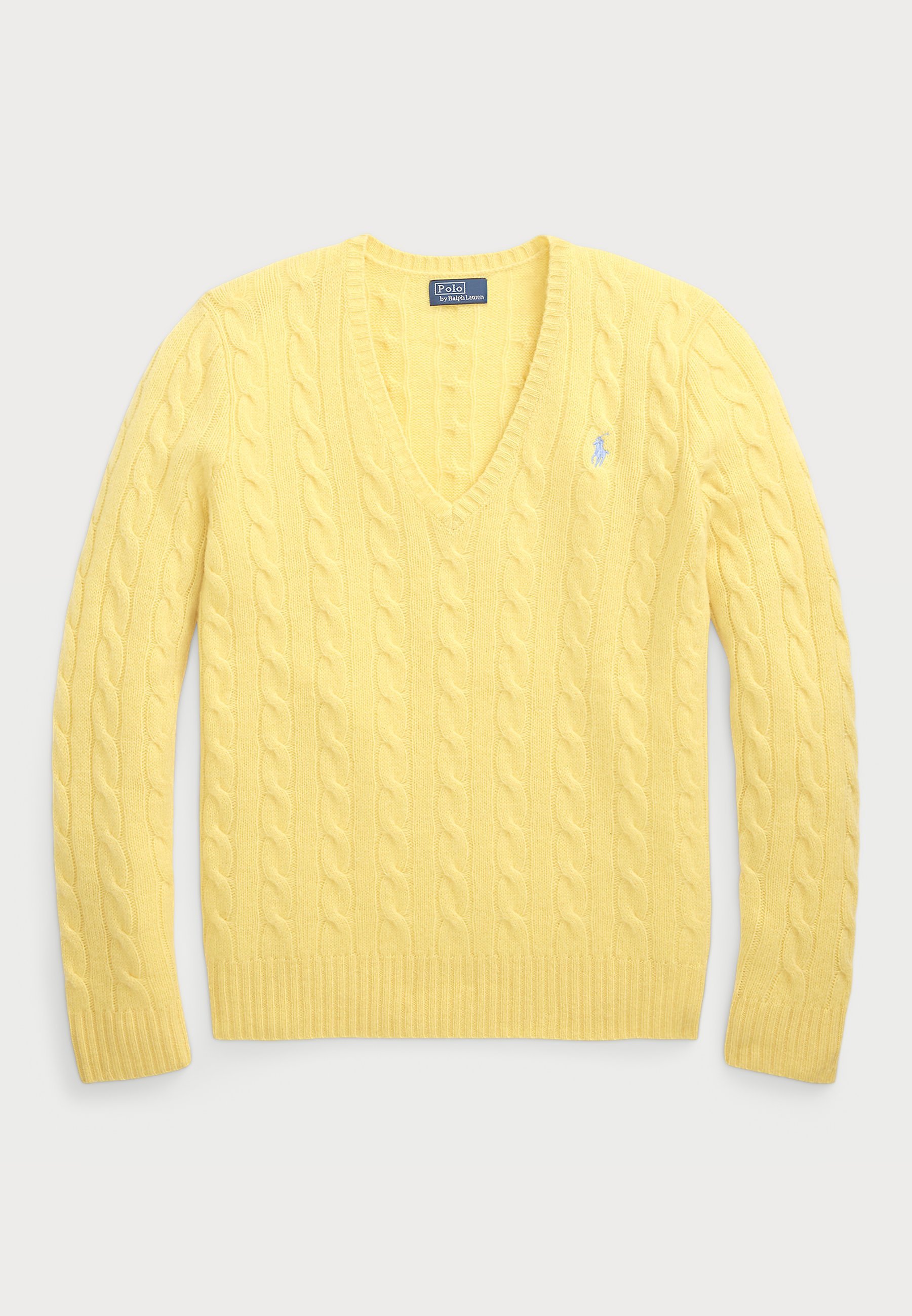 Pull Polo Ralph Lauren en laine et cachemire à maille torsadée et col V - Jaune automne