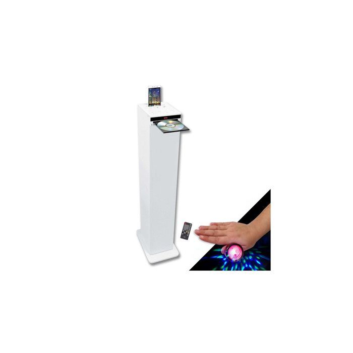 Diffusore a torre HiFi bianco con lettore CD, Bluetooth, radio FM, USB, 60W, telecomando, effetti luminosi e anelli LED (omaggi inclusi)
