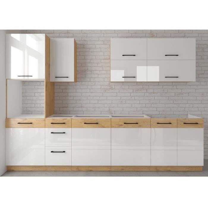 ROCK - Cocina completa - Roble Lancelot y melamina blanca brillante - 300 cm - Encimera no incluida