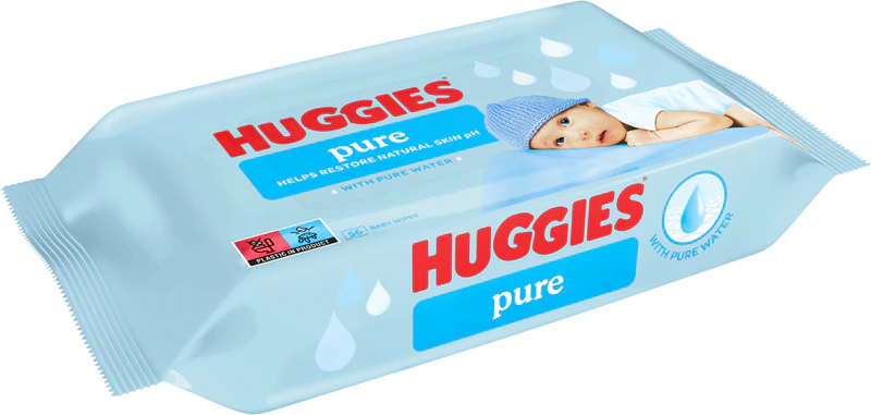 Lenços umedecidos Huggies Pure para bebês desde o nascimento.