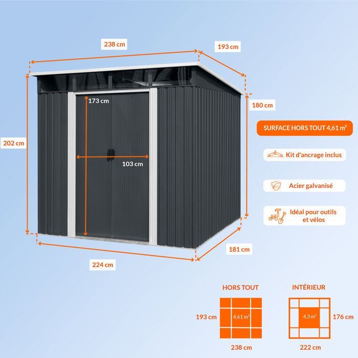Abri de jardin en métal 4,61 m² - 238 x 193 x 202 cm - SOLER - Kit d'ancrage inclus, 2 portes coulissantes - Gris