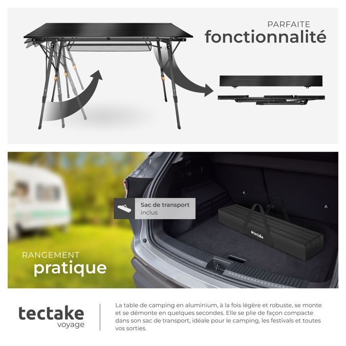 Mesa de camping - TECTAKE - Mesa plegable BASTIAN de aluminio resistente a la intemperie, altura regulable, 120x70,5x58-79cm - Negra