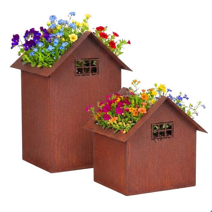 Decoración de jardín Relaxdays color óxido, juego de 2 tamaños, metal, macetas y casas iluminadas, jardín/balcón, marrón