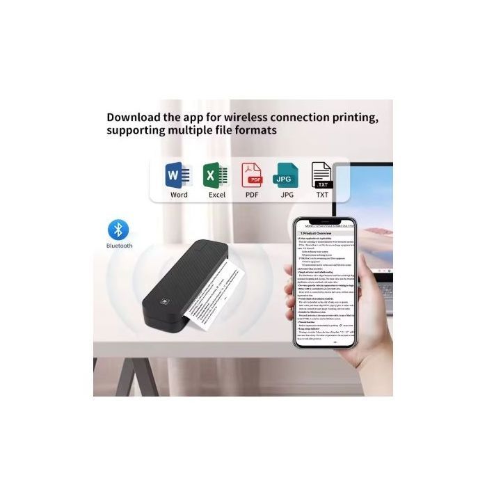 Imprimante Thermique A4 Portable, Bluetooth et USB, 300 DPI, Batterie 2600mAh, 3 Rouleaux Papier Inclus