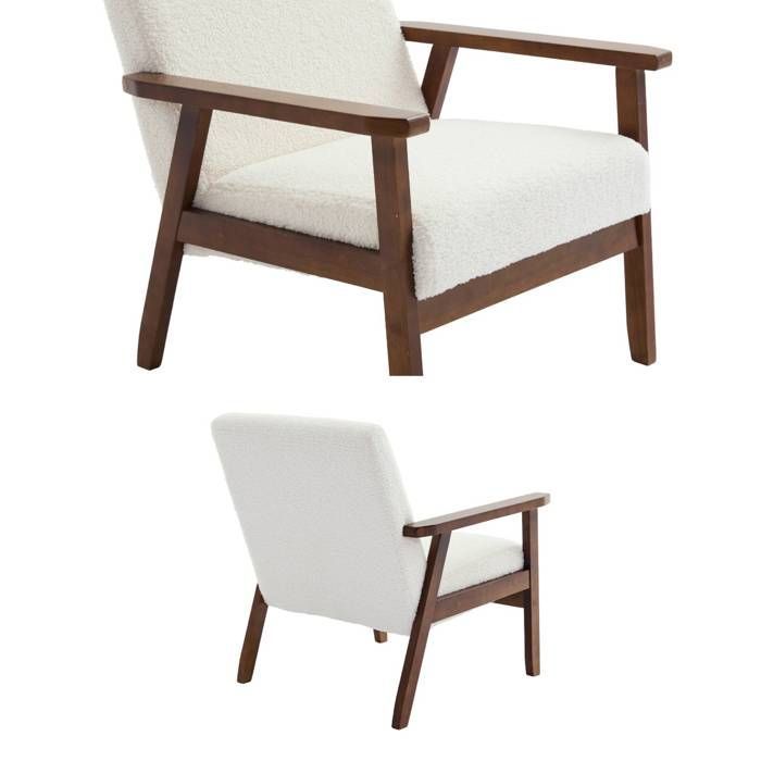 Sillón escandinavo ISAK en madera de caucho teñida de nogal claro con estampado bouclé.