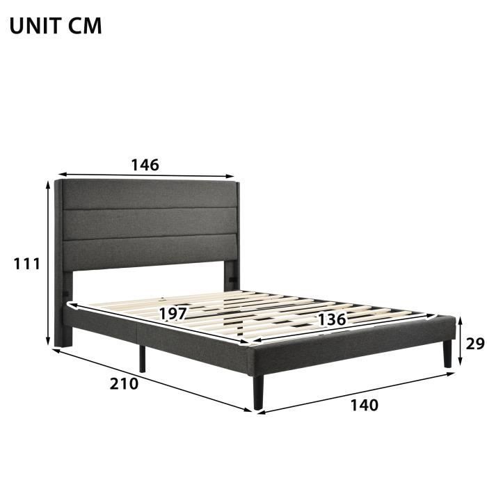 Lit adulte en tissu velours avec cadre de lit et tête de lit - MODERNLUXE - Gris foncé - A lattes - 140x200cm