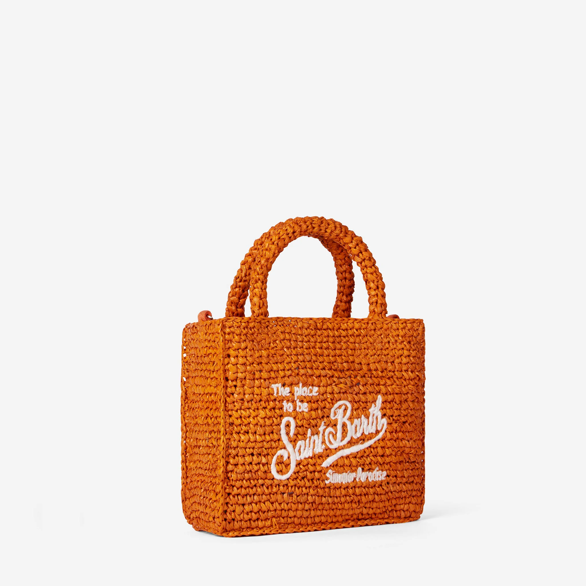 Mini toilettasje van oranje raffia met borduurwerk aan de voorkant