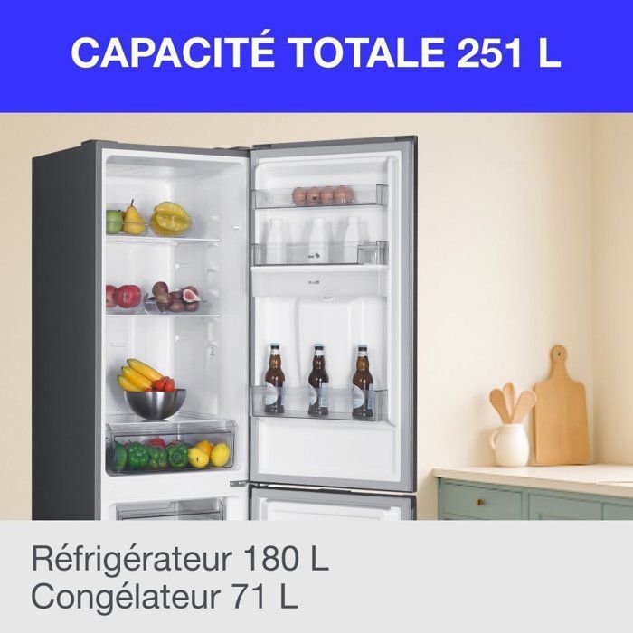 Continental Edison Kühl-/Gefrierkombination mit Gefrierfach unten – 251 l – NoFrost – Edelstahl – B 54 cm x H 180 cm
