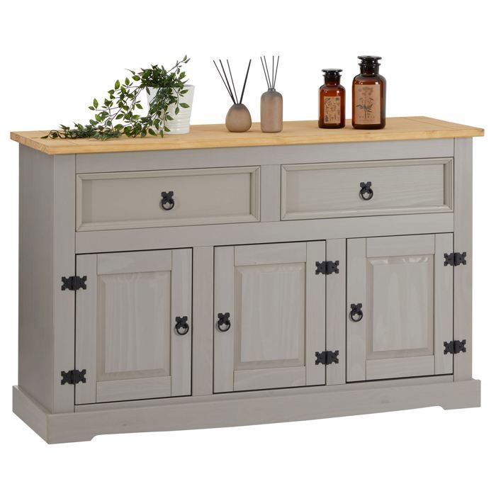 Aparador de comedor TEQUILA, 133 cm de ancho, madera maciza gris con 3 puertas y 2 cajones, unidad de almacenamiento baja.