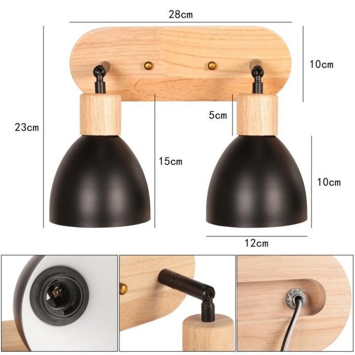 WOTTES 1 unidad Aplique de pared industrial vintage de 2 cabezales, lámpara retro de metal negro y madera, casquillo E27, luminaria para pasillo o restaurante