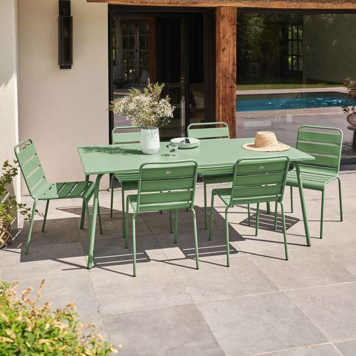 Ensemble table de jardin et 6 chaises en métal vert cactus  Palavas, Oviala