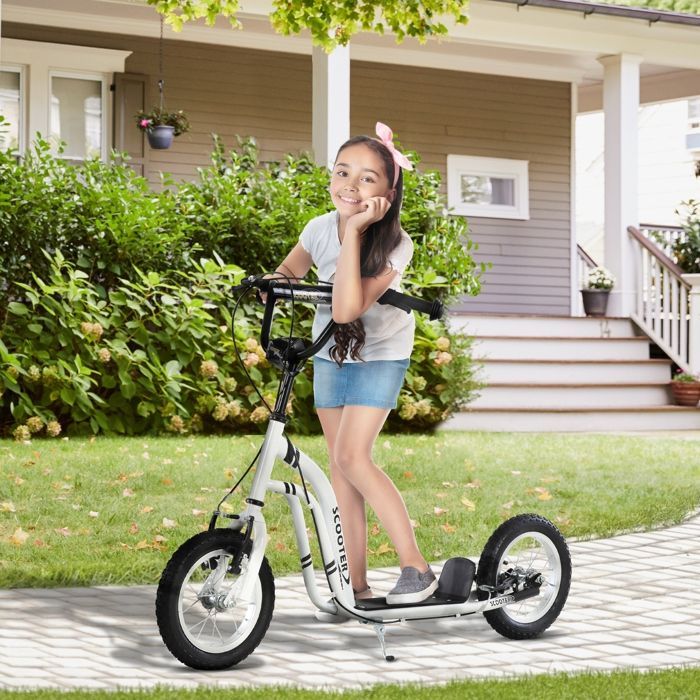 Monopattino per bambini - HOMCOM - pneumatici in gomma da 12 pollici, portata massima 100 kg, adatto a tutti i terreni, doppi freni regolabili - bianco