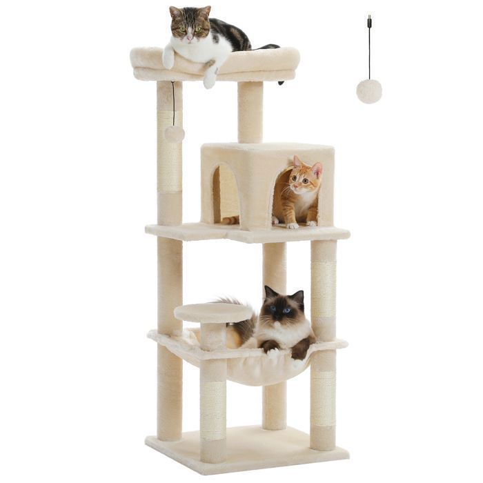 PAWZ Road krabpaal, ruim ontwerp, grote, stevige en stabiele hangmat met hangmat en prachtig kattenhuis - middelgroot, beige, 116 cm