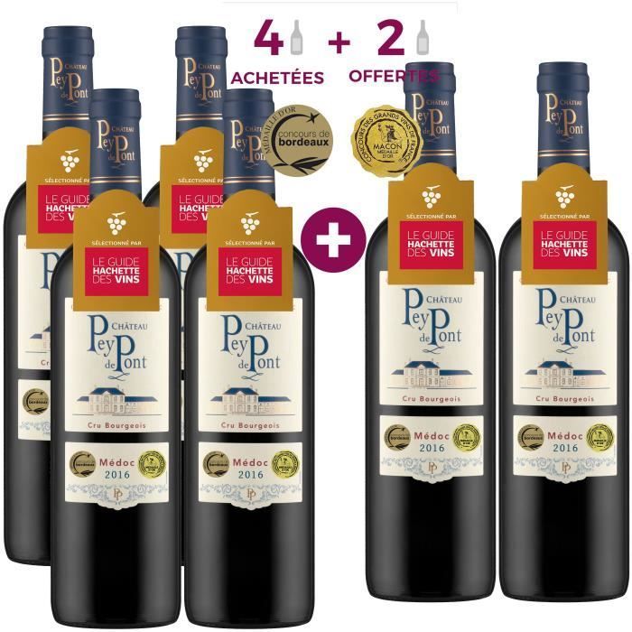 4 achetées + 2 gratuites - Château Pey de Pont 2016 Médoc Cru Bourgeois - Vin rouge de Bordeaux