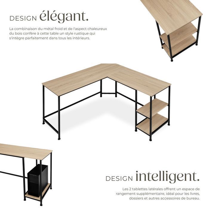 Bureau - TECTAKE - Table de bureau en L HAMILTON avec 2 compartiments 138 x 138 x 75,5 cm - Bois clair