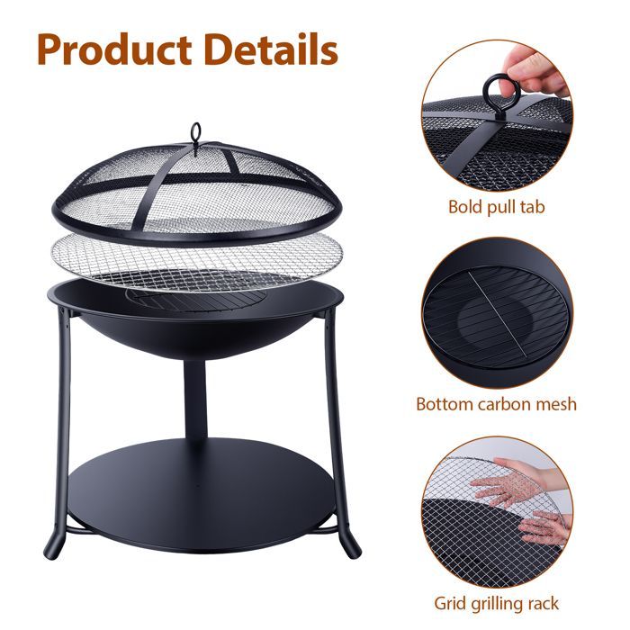Brasero redondo multifuncional para jardín con estante y rejilla protectora contra chispas, barbacoa y calefactor exterior, de metal resistente.