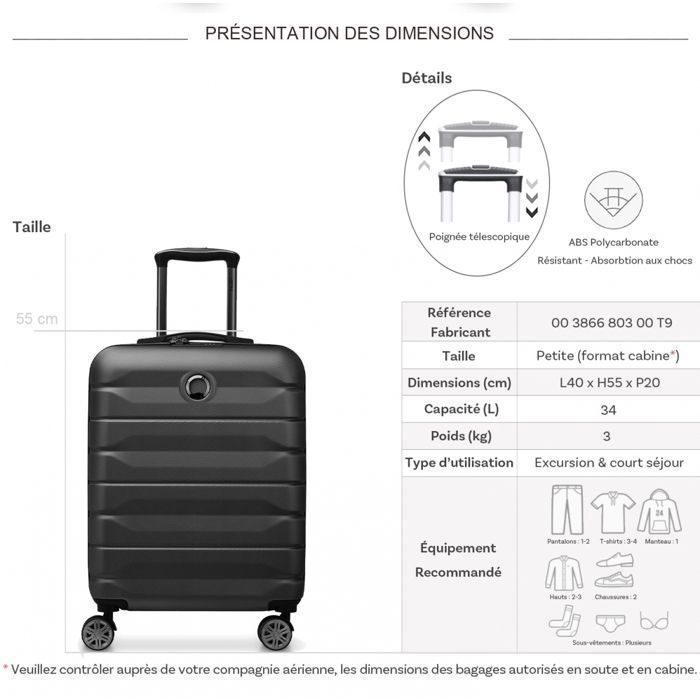 DELSEY PARIS - AIR ARMOUR  - Valise cabine rigide 55 cm x 40 cm x 20 cm - 35 L - S - Noir