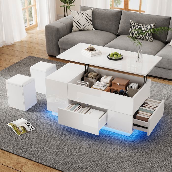 Mesa de centro blanca ajustable de 100x50x45 cm con LED - 2 cajones, espacio de almacenamiento y soporte de 50 kg - Conjunto 4 en 1 con otomana
