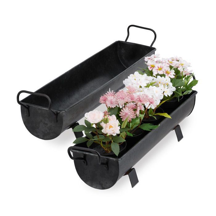 Relaxdays Balcony Gutter Flower Pot Metal Zinc Planter Garden Decorative Flower Box Set of 2, Anthracite