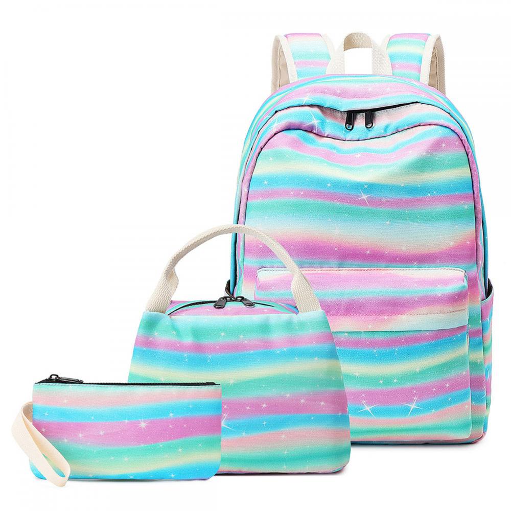 Set di 3 zaini scolastici con stampa arcobaleno, moda 2020, impermeabili, con cerniera e spallacci larghi, ideali per bambini: zaino, borsa per il pranzo e astuccio.