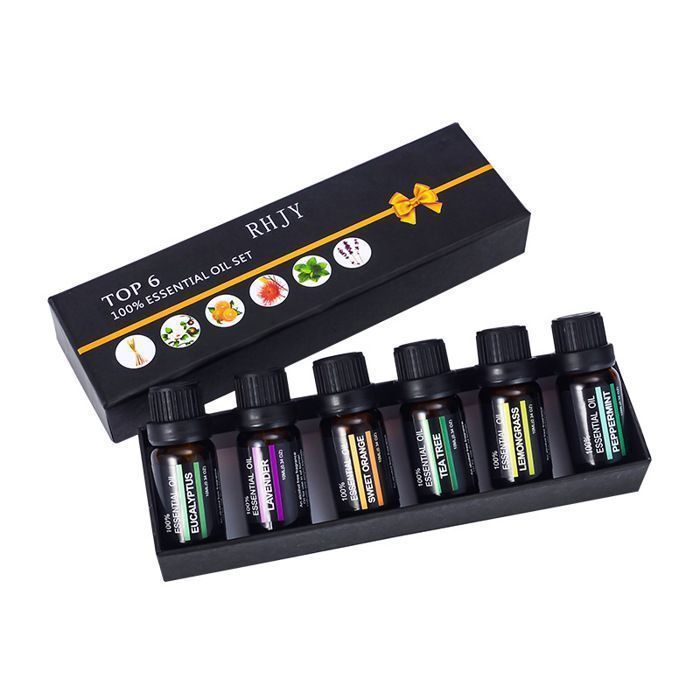 Aceites esenciales 100% puros para aromaterapia, 6 frascos de 10 ml (naranja, lavanda, árbol de té, hierba limón, eucalipto y menta).