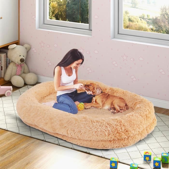 Cama gigante COSTWAY para humanos o perros, suave y lavable, de piel sintética, almohada inflable, cojín ortopédico, color marrón.