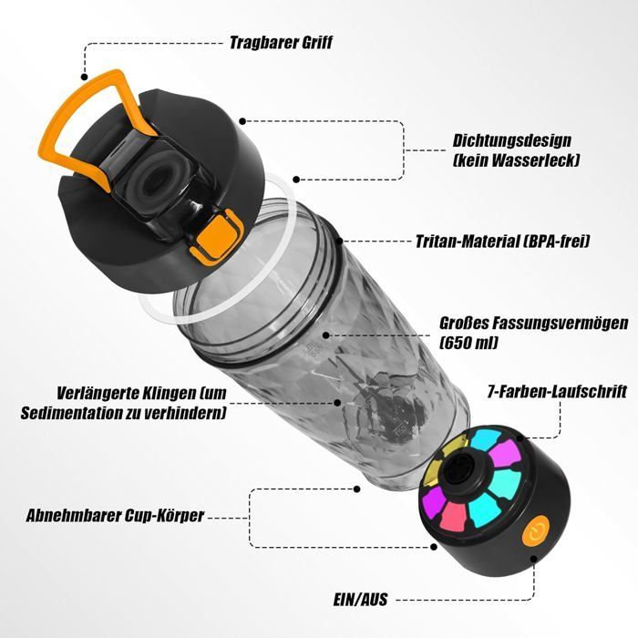 Fitness Shaker - Shake Cup - Electric Shaker Cup - Electric Protein Shaker with Powder Compartment - 650 ml - For Powders - Black