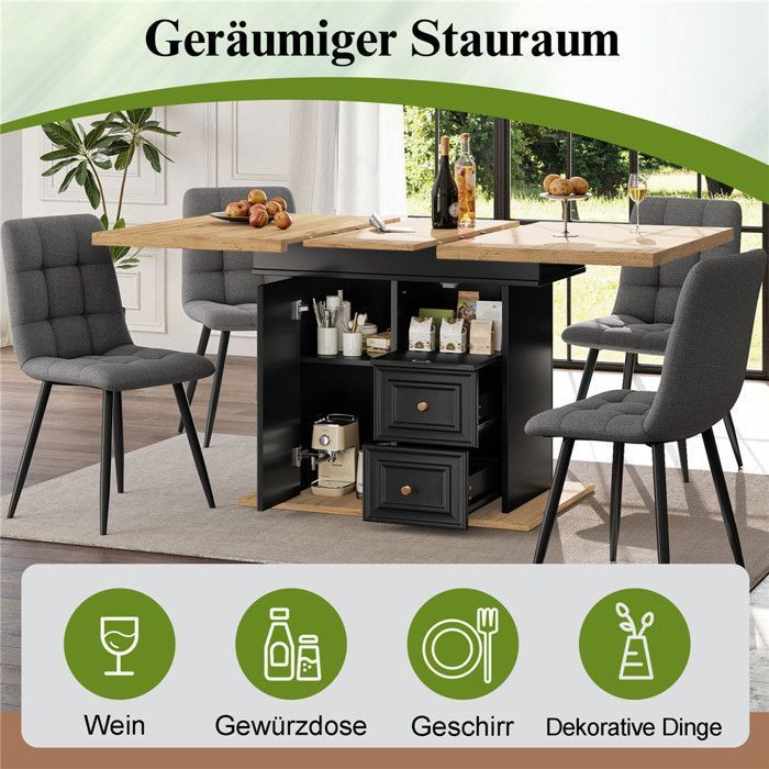 Table cuisine extensible bois 4 à 6 personnes, table salle à manger rangement avec 2 tiroirs, étagère et porte, 110–140x80 cm, Noir