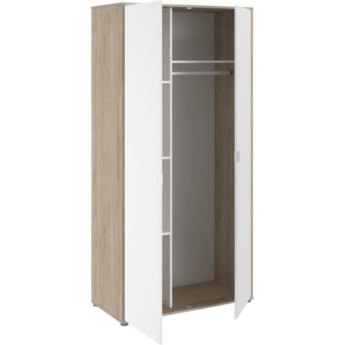 Armoire de chambre AALBORG - Décor Blanc et chêne - 2 portes battantes - L100 x P50,2 x H204,3 cm - PARISOT