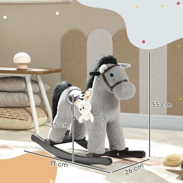 Cheval à bascule pour enfants, jouet à bascule bébé en peluche avec eouetffet sonore et poupée, 71 x 26 x 55 cm, gris